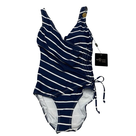 Nip Tuck Swimsuit Womens US 4 Blue White‎ Striped Surplice One Piece Nautical - Picture 1 of 7